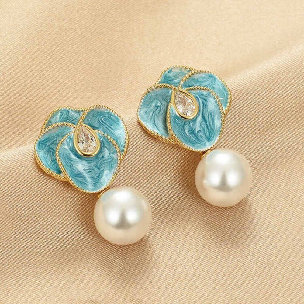 Cute Blue Dripping Oil Korean Style Flower Drop Enamel Drop Dangle Earrings set